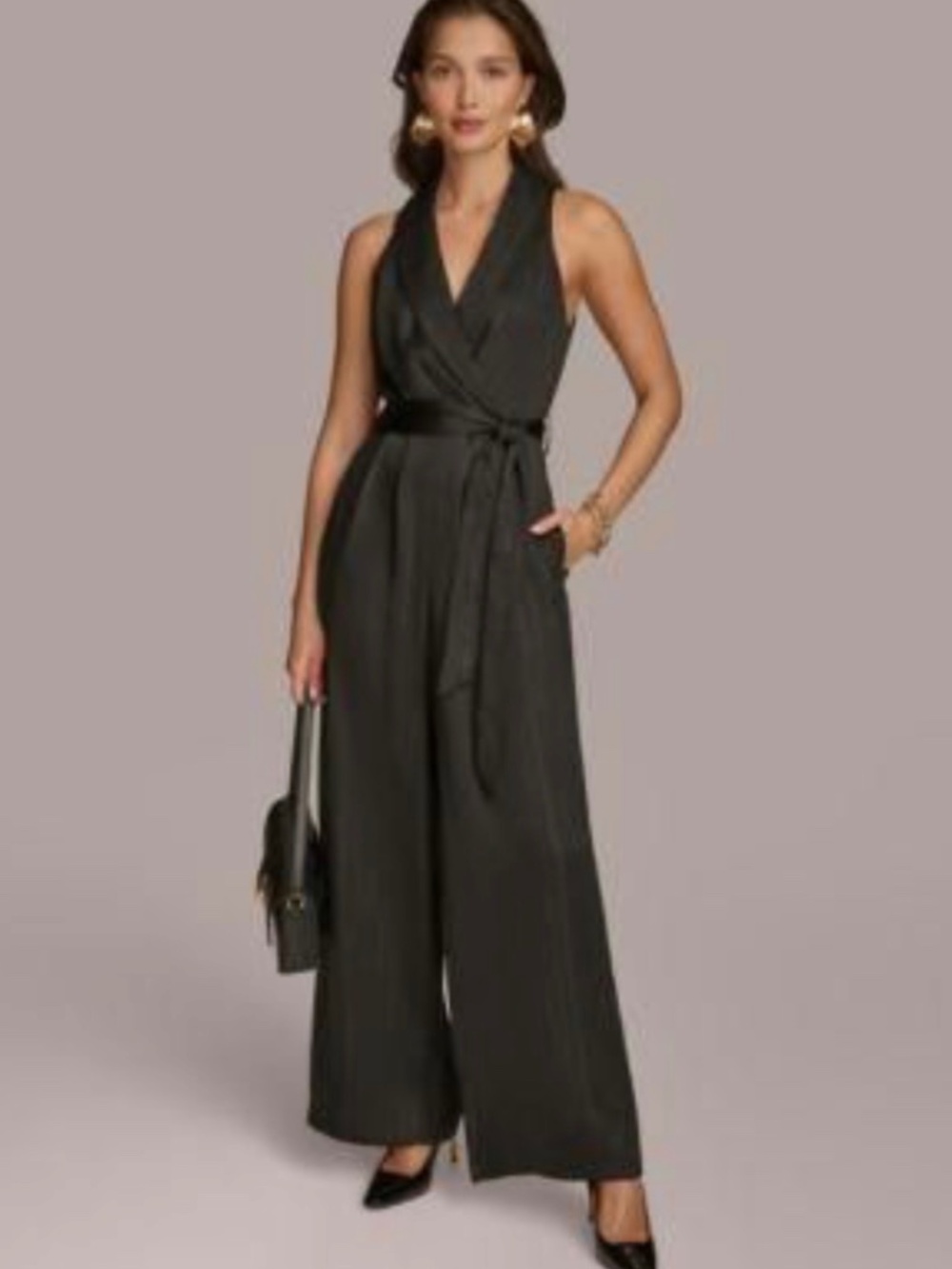 Donna Karan New York Shawl Collar Wide Leg Jumpsuit Black 6 NWT